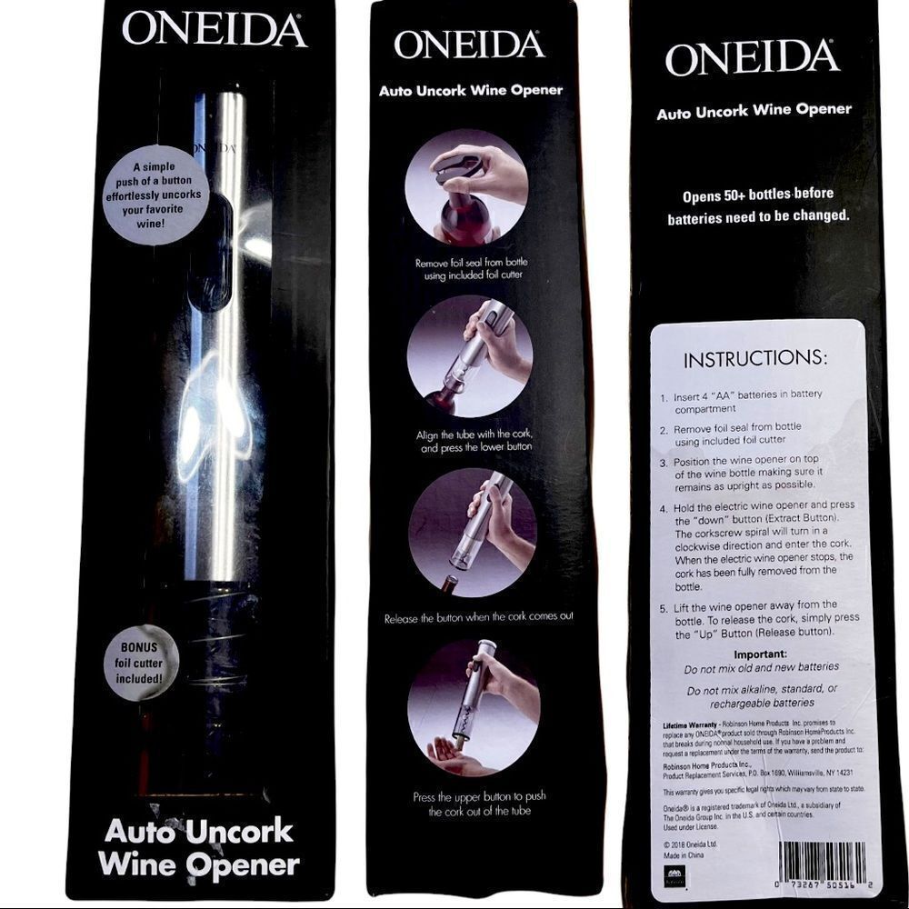 Oneida auto uncork wine opener with foil cutter. Electric Tested